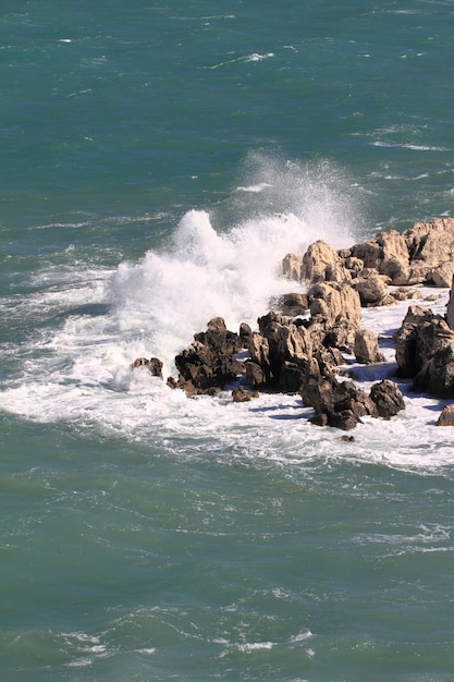 Powerful waves crashing on a rocky beach