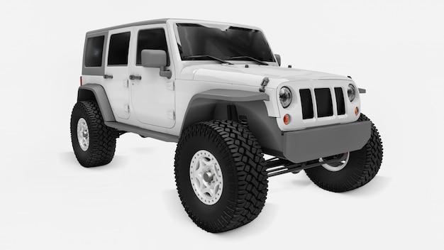 Powerful white tuned SUV for expeditions in mountains, swamps, desert and any rough terrain on white. Big wheels, lift suspension for steep obstacles. 3D illustration on white background. 3d rendering