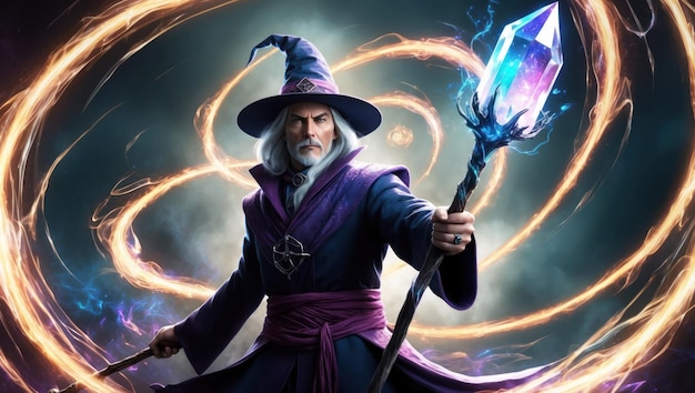 Photo a powerful wizard casting a spell with an enchanting crystal staff