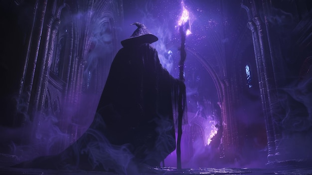 The powerful wizard stands in the middle of the dark forest his staff held high He is ready to cast a spell and defeat his enemies