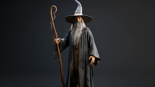 A powerful wizard stands with his staff in hand his long beard and robe creating an air of mystery