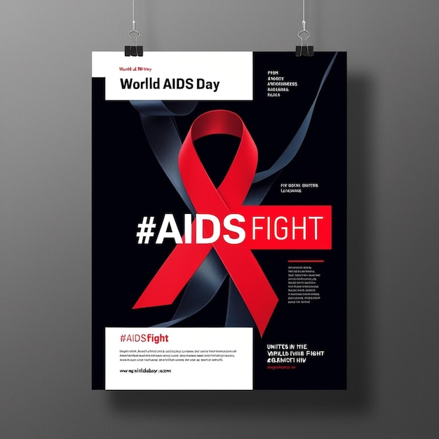 Powerful World AIDS Day Flyer Design Bold Title AIDS FIGHT Hashtag Vibrant Red Ribbon Modern Minimalist Style Action and Awareness