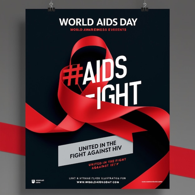 Powerful World AIDS Day Flyer Design Bold Title AIDS FIGHT Hashtag Vibrant Red Ribbon Modern Minimalist Style Action and Awareness