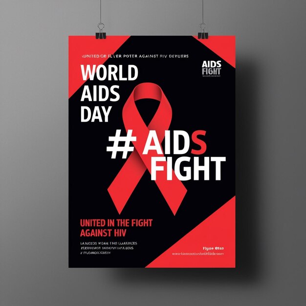 Powerful World AIDS Day Flyer Design Bold Title AIDS FIGHT Hashtag Vibrant Red Ribbon Modern Minimalist Style Action and Awareness