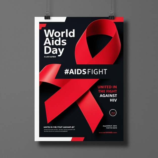 Photo powerful world aids day flyer design bold title aids fight hashtag vibrant red ribbon modern minimalist style action and awareness