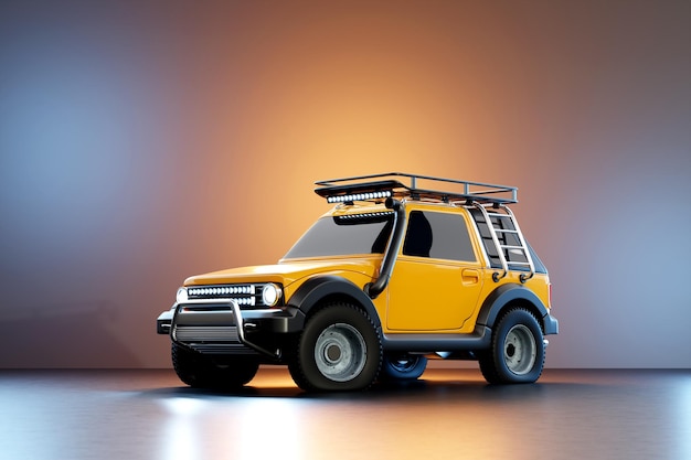 A powerful yellow Offroad car 4x4 safari expedition offroader front view 3D illustration