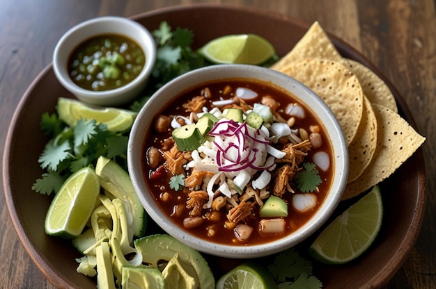 Pozole bowl with garnishes and tostadas