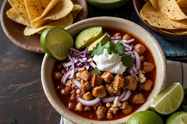 Pozole bowl with garnishes and tostadas