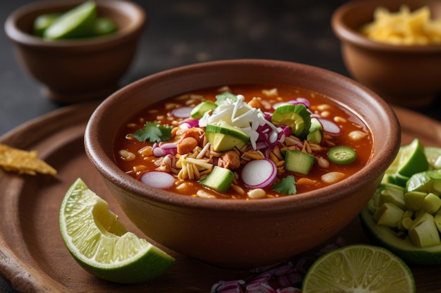 Pozole soup served in clay bowl