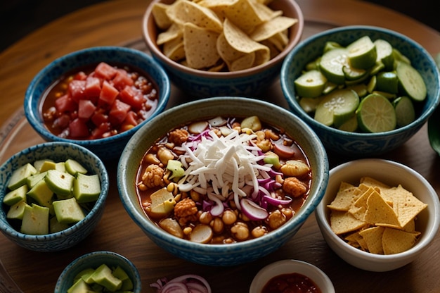 Pozole toppings arranged artfully