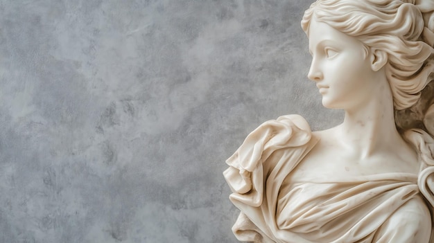 PPhoto of a womans figure carved in marble on the right side on a light gray background with copy space for text