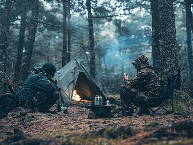 Practicing survival skills in a forest setting