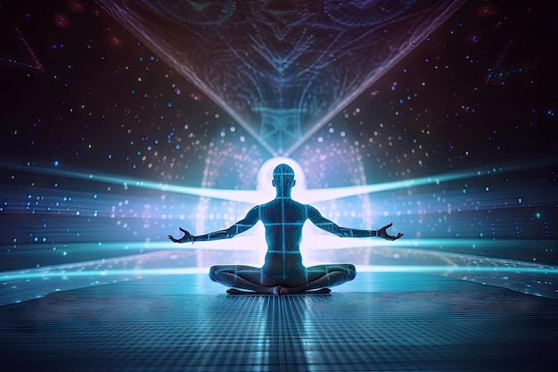 Practicing yoga on digital holographic background with peaceful music