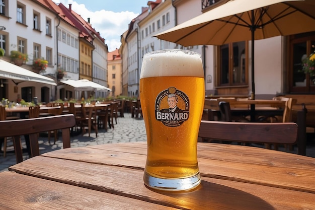 Prague Czech Republic 08 01 2020 Close up of a Bernard beer on a terrace tabel in a Old Town restaurant