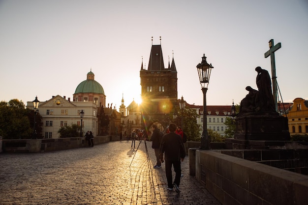 PRAGUE, CZECH REPUBLIC - September 22, 2018: Charles bridge on sunrise