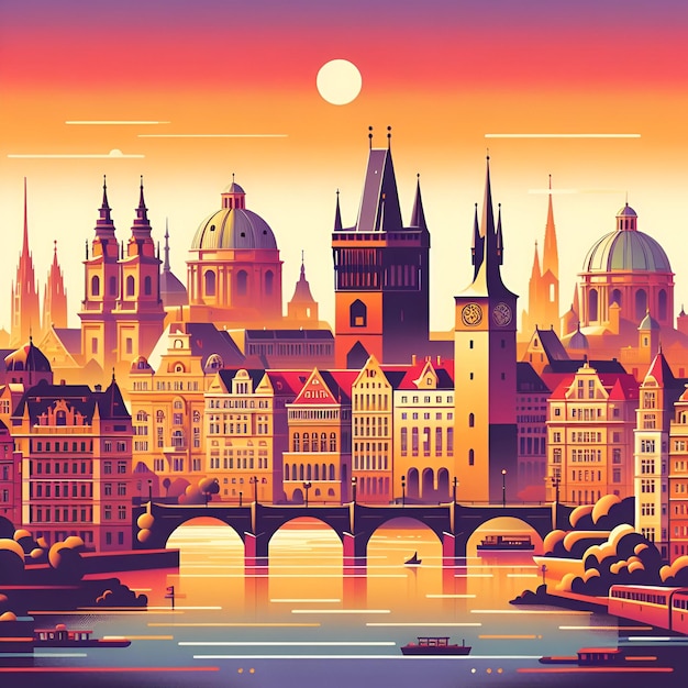 Prague flat vector gradient city skyline