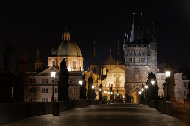 Prague at night, Charles bridge, city illumination, cityscape