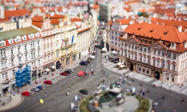 Prague view of the city from above. Tilt shift lens.