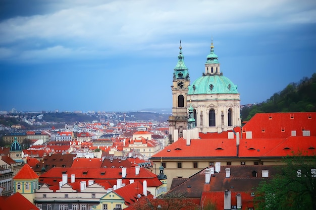 Prague view / panoramic landscape of the czech republic, Prague view with red roofs of houses from above, landscape in the European capital