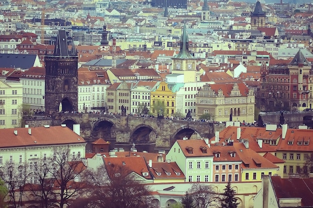 Prague view / panoramic landscape of the czech republic, Prague view with red roofs of houses from above, landscape in the European capital