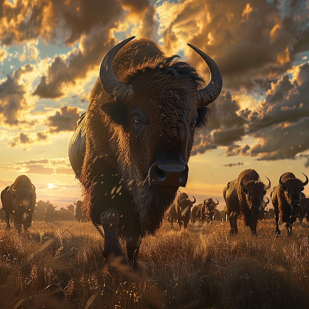 Prairie Wanderers Herd of Buffalo in Golden Light