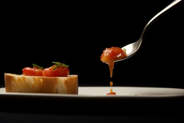 Photo prawn and tomato in spoon paired with bread