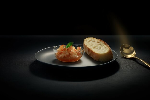 Photo prawn and tomato in spoon served with bread