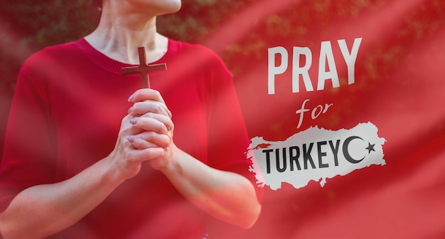 Pray for Turkey with flag banner Woman pray for Turkey