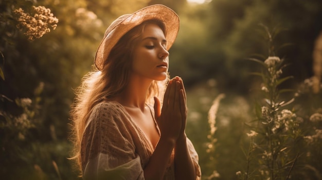 Prayer peace and worship with woman in nature for God