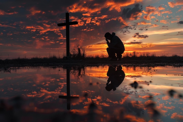 Prayer at Sunset with Cross and Silhouette Symbolizing Faith Contemplation