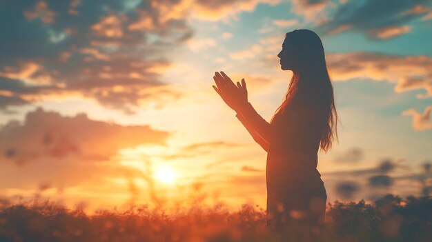 Prayer woman worship God in the morning with sunrise sky background