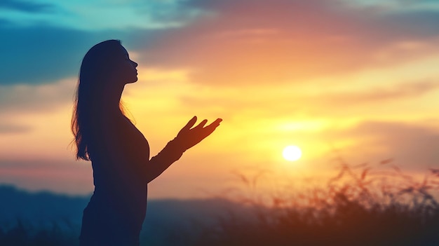 Prayer woman worship God in the morning with sunrise sky background