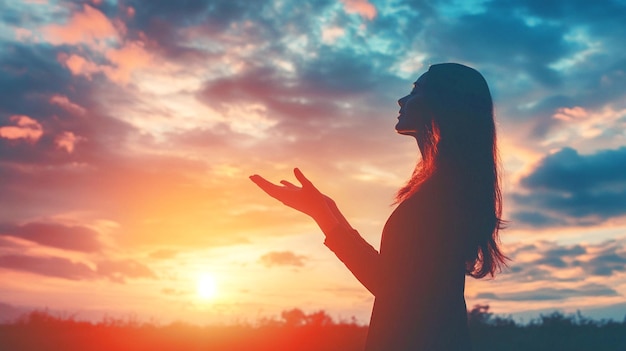 Prayer woman worship God in the morning with sunrise sky background