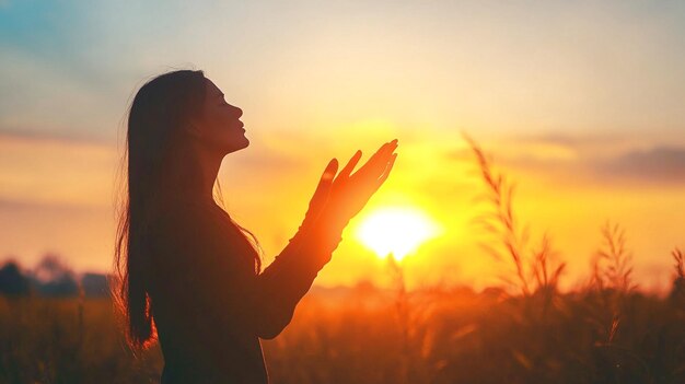 Prayer woman worship God in the morning with sunrise sky background