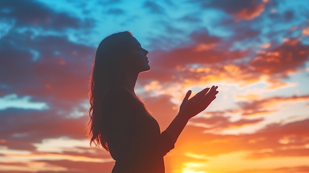 Prayer woman worship God in the morning with sunrise sky background