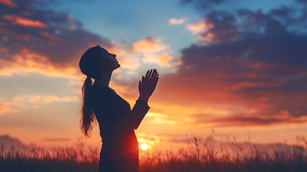 Prayer woman worship God in the morning with sunrise sky background