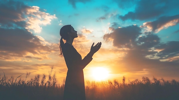 Prayer woman worship God in the morning with sunrise sky background