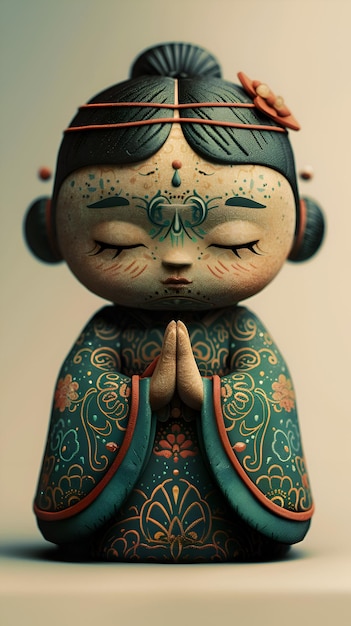 Praying Asian Doll with Traditional Ornamentation