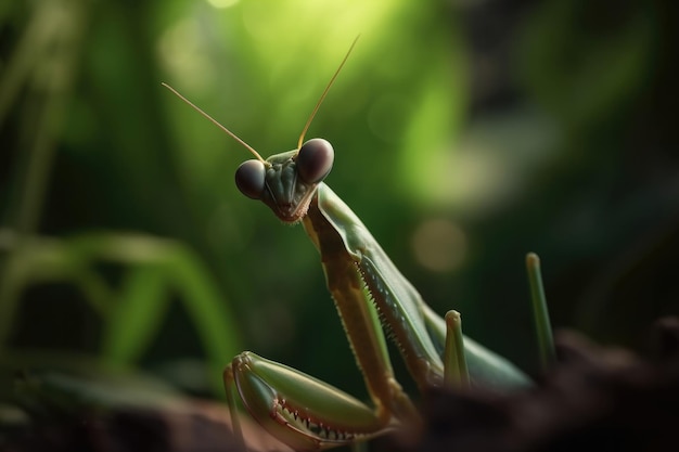 A praying mantis is sitting on a rock in the grass.