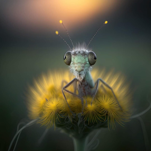 A praying mantis sits on a flower with a yellow light behind it.