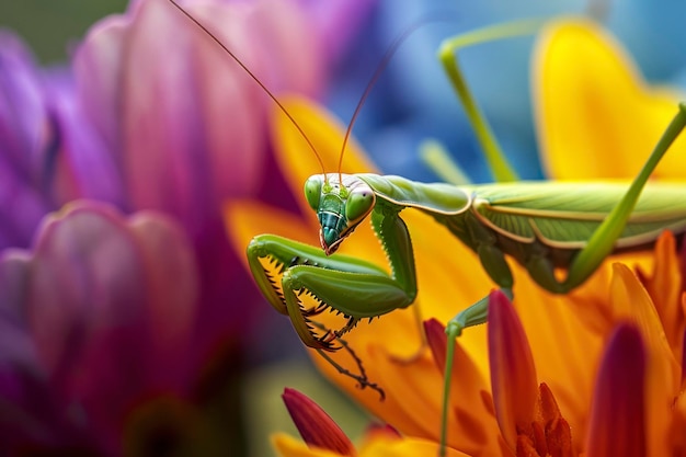 Praying mantis on a vibrant bloom a closeup shot capturing the intricate details