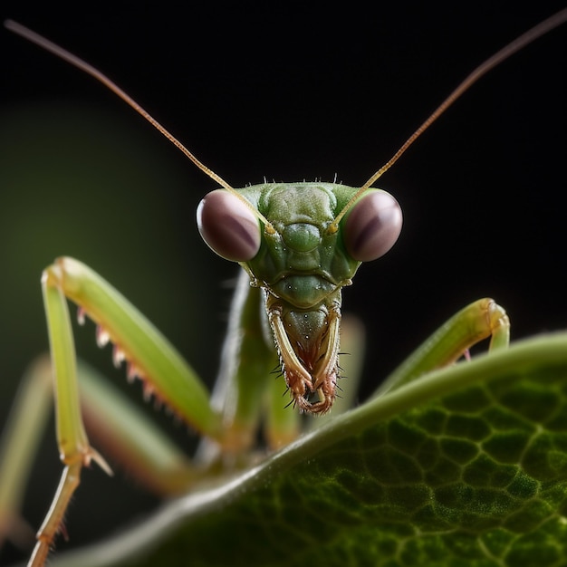 A praying mantis with a black background.