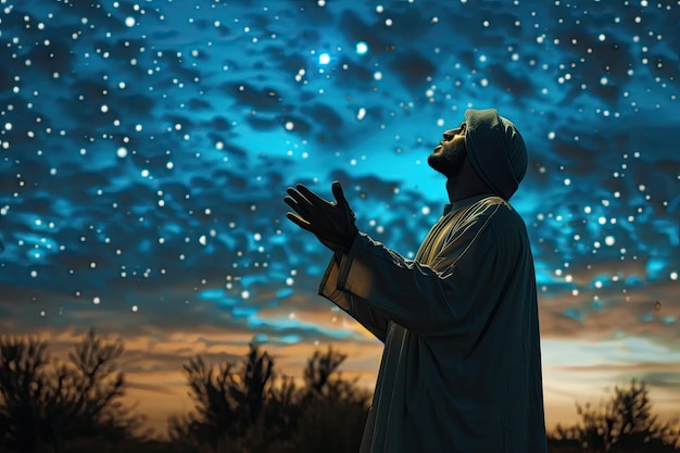 Photo praying muslim hands open to the sky in the holy night social media story vertical