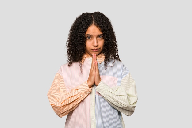 Praying showing devotion religious person looking for divine inspiration