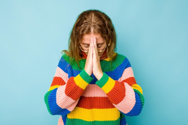 Praying showing devotion religious person looking for divine inspiration