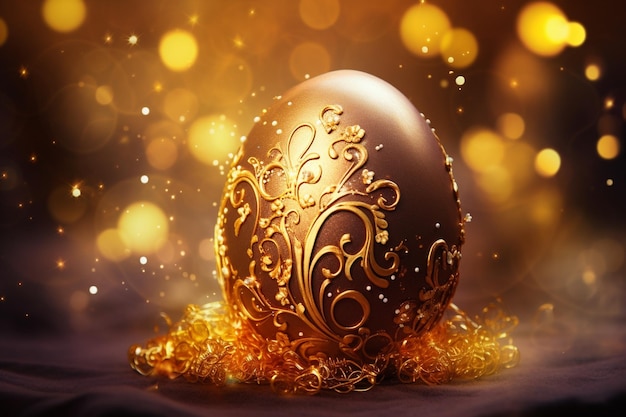 Precious easter golden egg in gold decorations with lights over dark background