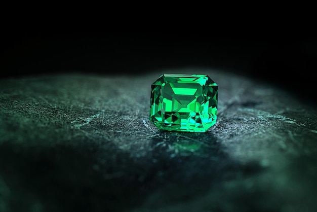 Precious Green Emerald Gemstone on Dark Background