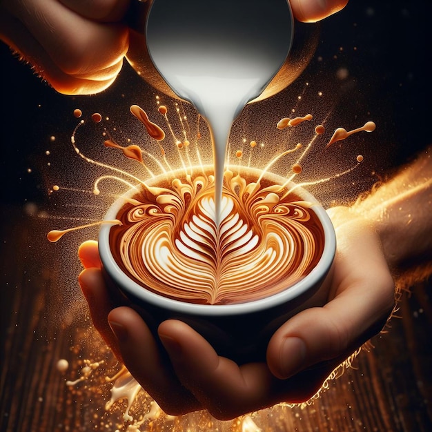 The precise moment when milk is being poured into a cup of coffee