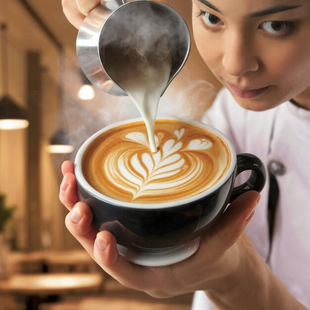 The precise moment when milk is being poured into a cup of coffee