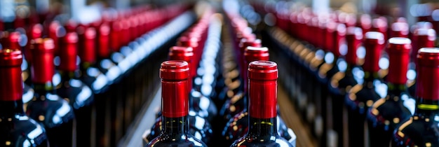 Precise red wine bottling line in brilliantly lit immaculate factory showcasing cleanliness